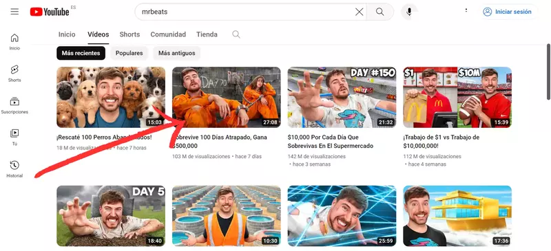 Captura con flecha señalando miniaturas de videos