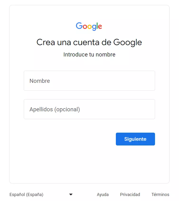 Formulario de crear cuenta de google