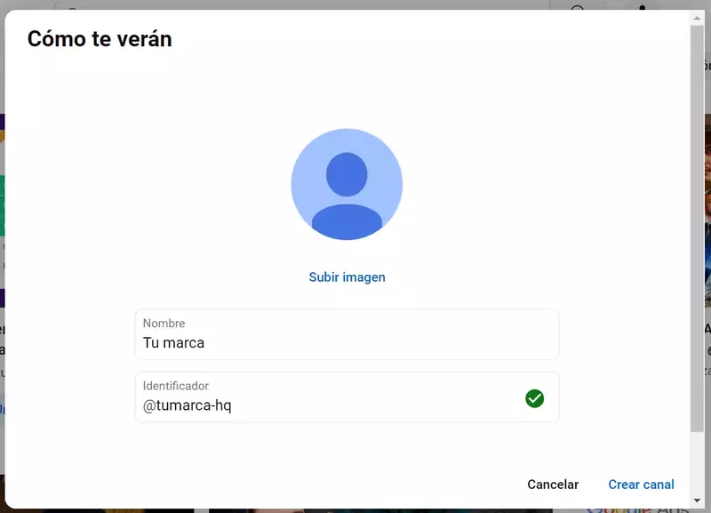Formulario de crear canal de YouTube