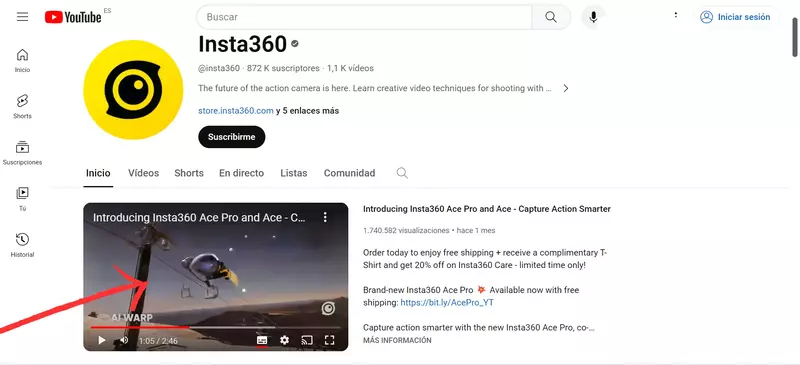Captura con flecha señalando el tráiler del canal